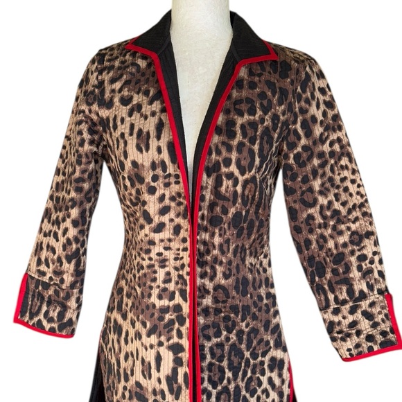 PATTY KIM Leopard Print Quilted Open Front Red Trimmed Jacket Coat - XS - Picture 2 of 9